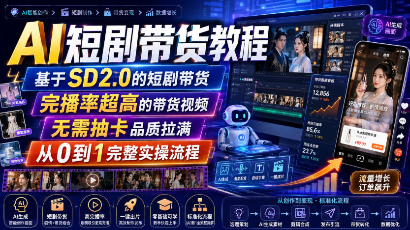 AI短剧带货教程，基于SD2.0的短剧带货，完播率超高的带货视频，无需抽卡品质拉满，从0到1完整实操流程-777网创网