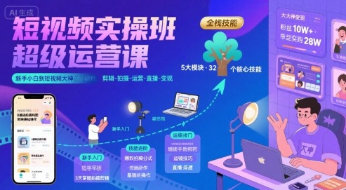 短视频实操班超级运营课，新手小白到短视频大神必修课程，剪辑-拍摄-运营-直播-变现-777网创网