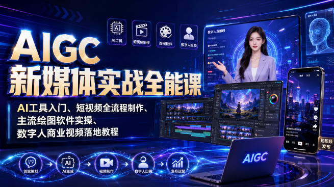 AIGC新媒体实战全能课｜AI工具入门、短视频全流程制作、主流绘图软件实操、数字人商业视频落地教程-777网创网