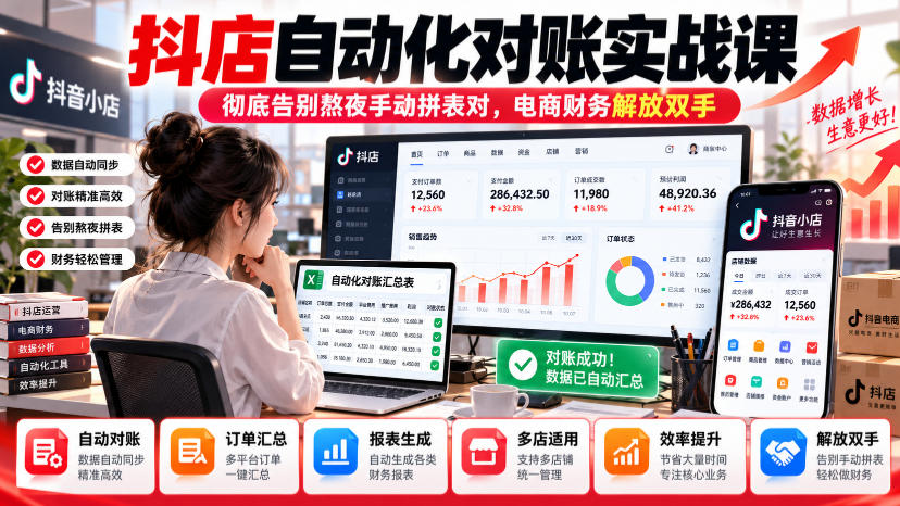 抖店自动化对账实战课,彻底告别熬夜手动拼表对,账电商财务解放双手-777网创网