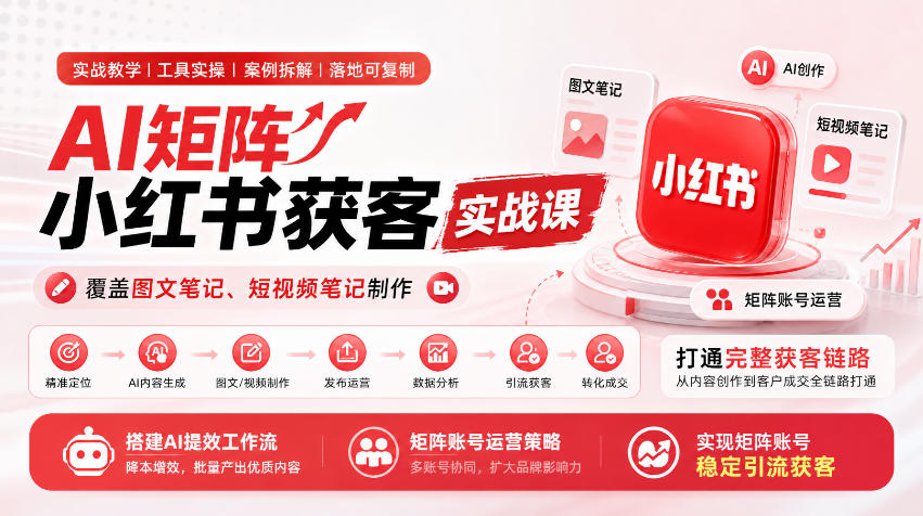 AI矩阵小红书获客实战课,覆盖图文笔记、短视频笔记制作,打通完整获客链路,搭建AI提效工作流,实现矩阵账号稳定引流获客-777网创网
