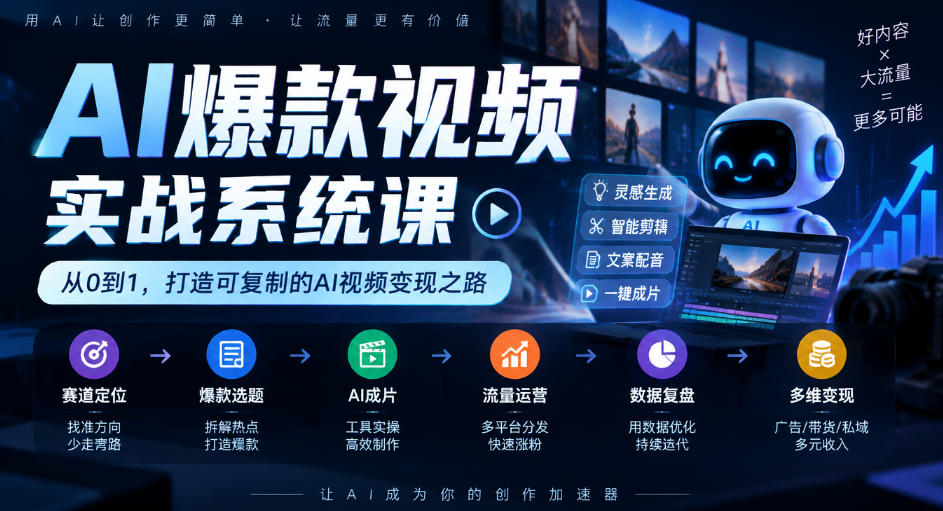 AI爆款视频实战系统课|赛道定位、爆款选题、AI成片、流量运营、数据复盘、多维变现全链路教学-777网创网