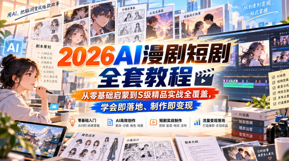 2026AI漫剧短剧全套教程,从零基础启蒙到S级精品实战全覆盖,学会即落地、制作即变现-777网创网