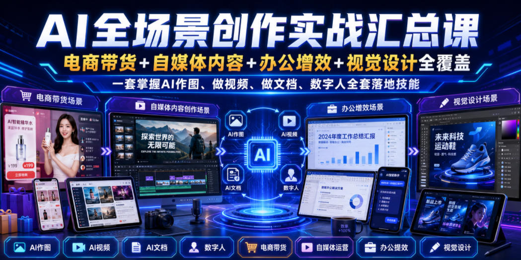 AI全场景创作实战汇总课|电商带货+自媒体内容+办公增效+视觉设计全覆盖,一套掌握AI作图、做视频、做文档、数字人全套落地技能-777网创网