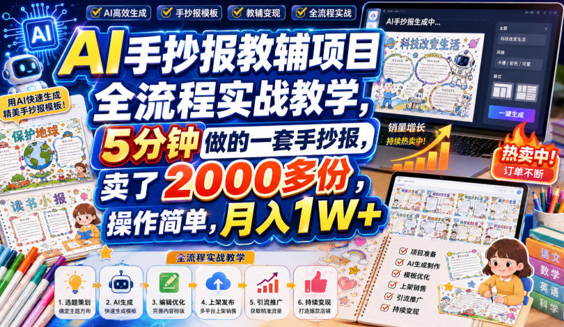 AI手抄报教辅项目全流程实战教学，5分钟做的一套手抄报，卖了2000多份，操作简单，月入1W+-777网创网