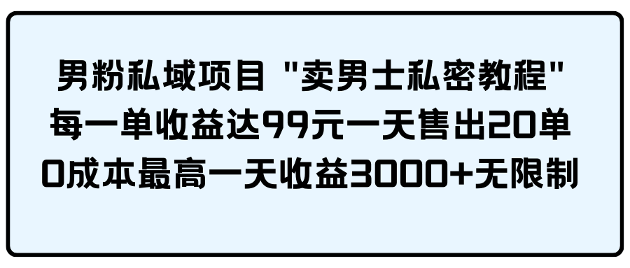 (9730期)男粉私域项目 “卖男士私密教程” 每一单收益达99元一天售出20单-777网创网