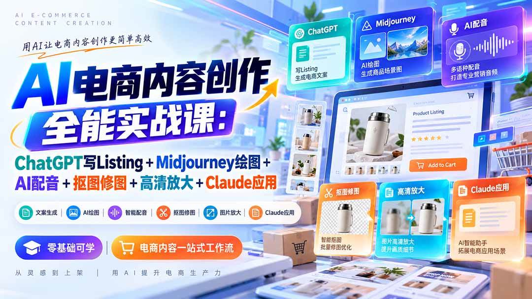 (20770期)【无水印】AI电商内容创作全能实战课:ChatGPT写Listing+Midjourney绘图+AI配音+抠图修图+高清放大+Claude应用-777网创网