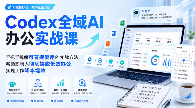 Codex全域AI办公实战课,手把手拆解可直接复用的实战方法,帮助职场人彻底摆脱低效办公,实现工作降本增效-777网创网