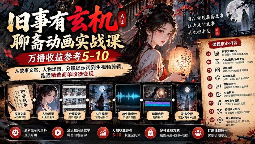 (20789期)旧事有玄机AI聊斋动画实战9月新课:万播收益参考5-10,从故事文案、人物场景到分镜生视频,跑通精选商单收徒-777网创网