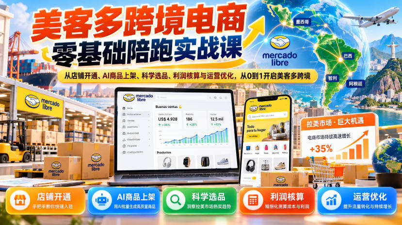 美客多跨境电商零基础陪跑实战课:从店铺开通、AI商品上架、科学选品、利润核算与运营优化,从0到1开启美客多跨境-777网创网