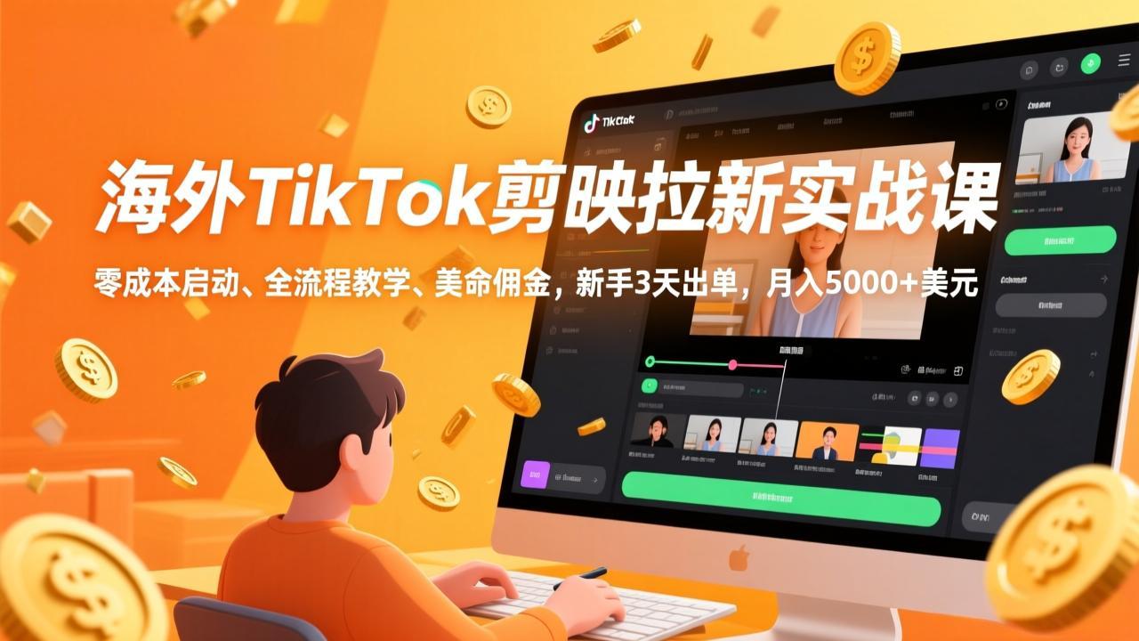 海外TikTok剪映拉新实战课,零成本启动、全流程教学、美金佣金,新手3天出单,月入5000+美元-777网创网