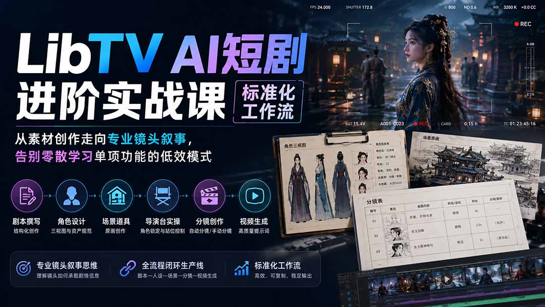 LibTV AI短剧进阶实操课标准化工作流；从素材创作走向专业镜头叙事，告别零散学习单项功能的低效模式-777网创网