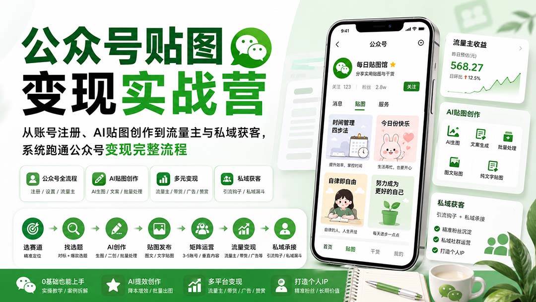 （20120期）公众号贴图变现实战营：从账号注册、AI贴图创作到流量主与私域获客，系统跑通公众号变现完整流程-777网创网