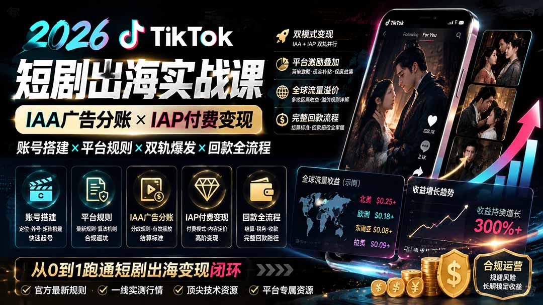 2026TikTok短剧出海实战课：IAA广告分账×IAP付费变现×账号搭建×平台规则×双轨爆发×回款全流程-777网创网