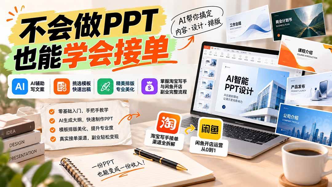 （20945期）不会做PPT也能学会接单：AI辅助写文案、挑模板、做排版，掌握淘宝写手与闲鱼开店副业完整流程-777网创网