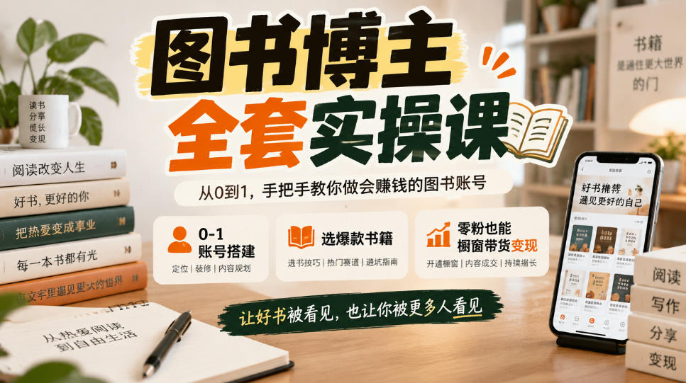 图书博主全套实操课，0‑1账号搭建，选爆款书籍，零粉也能橱窗带货变现-777网创网