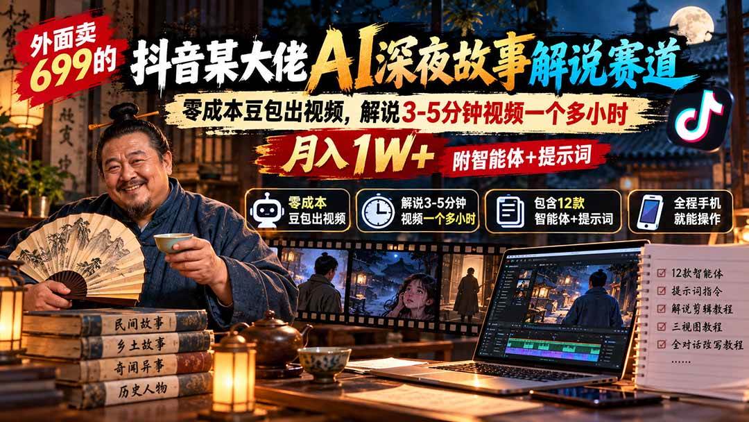 (20853期)外面卖699抖音某大佬AI深夜故事解说赛道-更新:0成本豆包出视频+解说3-5分钟视频一个多小时,月入1W+附智能体+提示词-777网创网