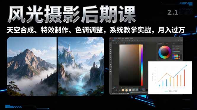 （16433期）风光摄影后期课，一键换天空合成、特效制作、色调调整，月入过万-777网创网