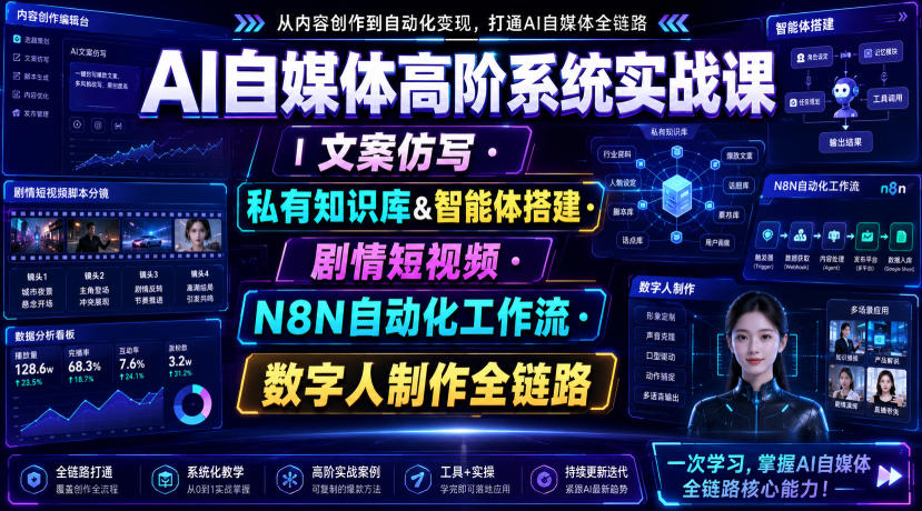 AI自媒体高阶系统实战课｜文案仿写・私有知识库&智能体搭建・剧情短视频・N8N自动化工作流・数字人制作全链路-777网创网