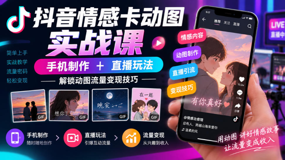 抖音情感卡动图实战课｜手机制作+直播玩法，解锁动图流量变现技巧-777网创网
