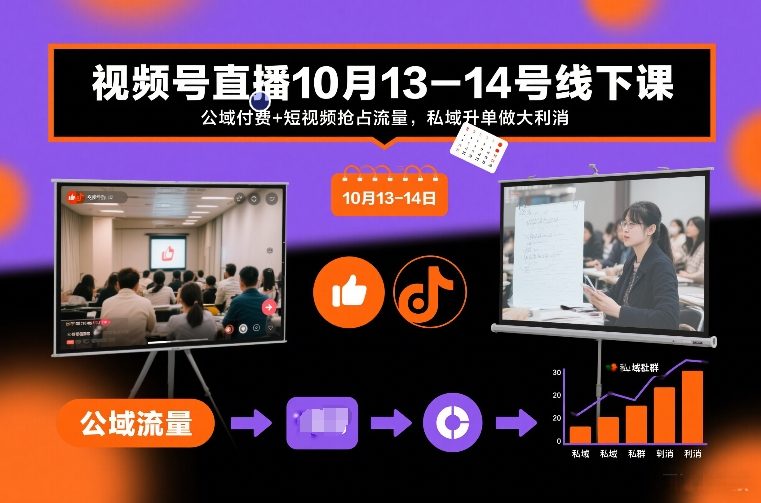 视频号直播10月13-14号线下课,公域付费+短视频抢占流量,私域升单做大利消