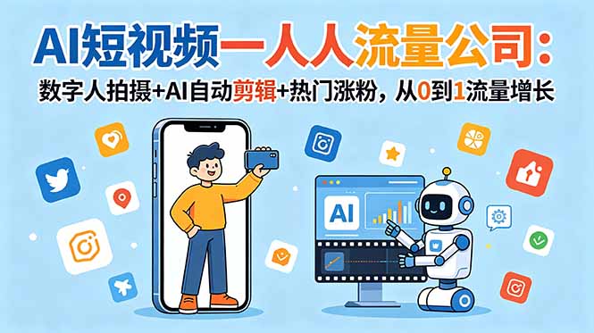 AI短视频一人流量公司:数字人拍摄+AI自动剪辑+热门涨粉,从0到1流量增长-777网创网