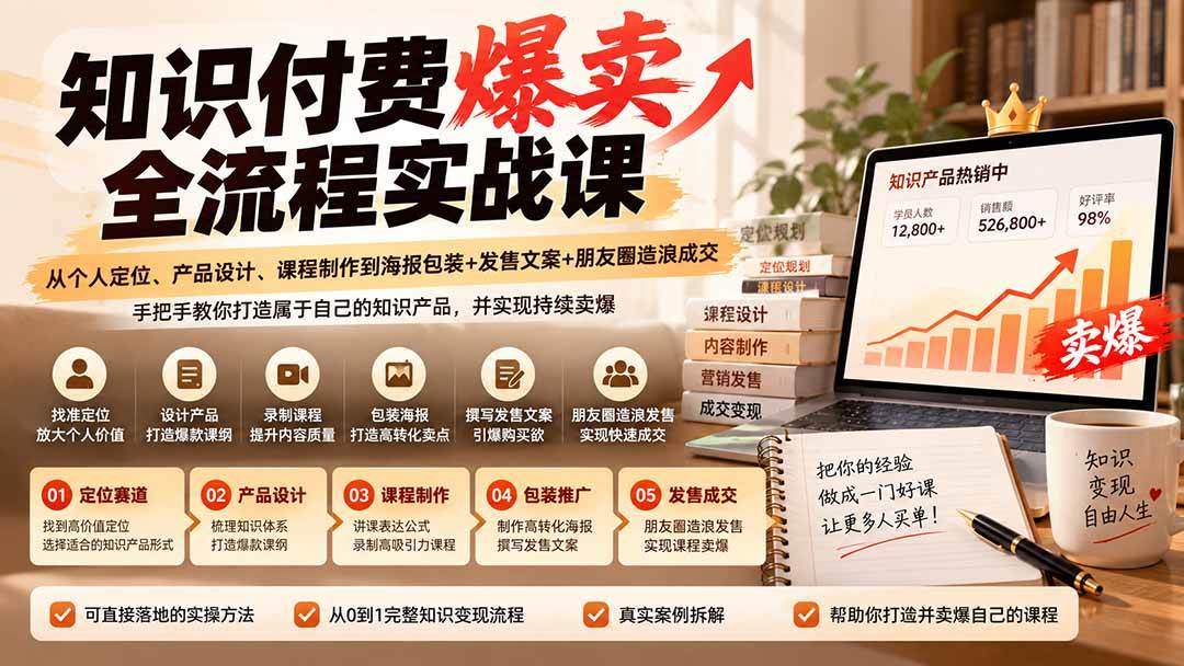 (20787期)【无水印】知识付费爆卖全流程实战课:从个人定位、产品设计、课程制作到海报包装+发售文案+朋友圈造浪成交-777网创网