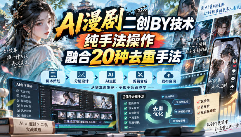 AI漫剧二创搬运技术，纯手法操作，融合20种去重手法-777网创网