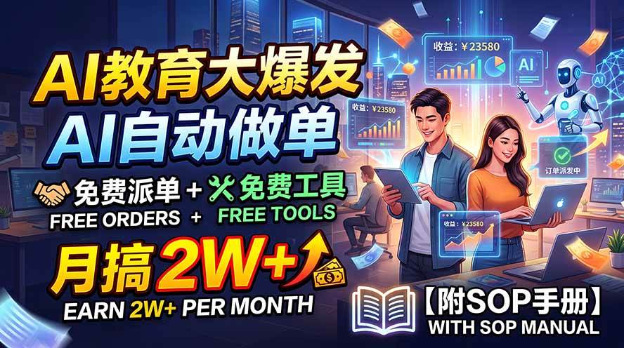 （19731期）AI教育大爆发，AI自动做单，免费派单+免费工具，月搞2W+【附SOP手册】-777网创网