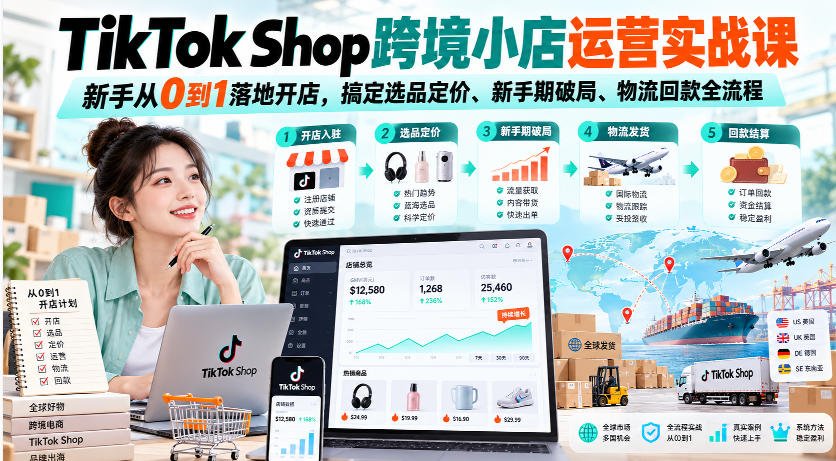 TikTok Shop跨境小店运营实战课,新手从0到1落地开店,搞定选品定价、新手期破局、物流回款全流程-777网创网
