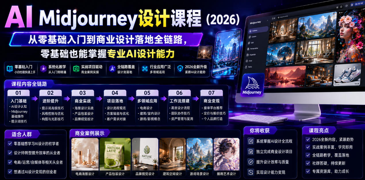 AI Midjourney设计课程(2026),从零基础入门到商业设计落地全链路,零基础也能掌握专业AI设计能力(更新1007)-777网创网