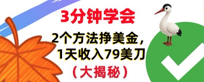 免费挣美刀的2个方法，1天收入79刀，超简单，3分钟学会-777网创网
