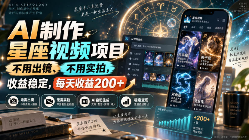 AI制作星座视频项目,不用出镜、不用实拍,收益稳定,每天收益200+-777网创网