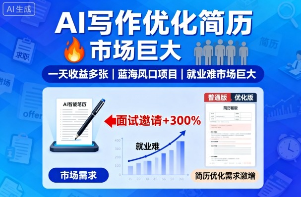AI写作优化简历,一天收益多张,蓝海风口项目,就业难市场巨大