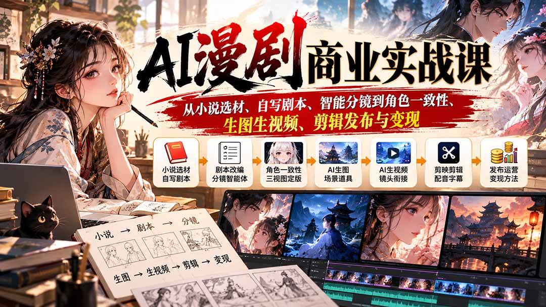 (20811期)AI漫剧商业实战课:从小说选材、自写剧本、智能分镜到角色一致性、生图生视频、剪辑发布与变现-777网创网