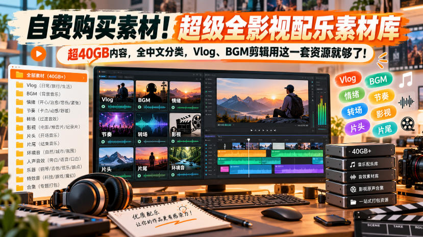 自费购买素材!超级全影视配乐素材库,超40GB内容,全中文分类,Vlog、BGM剪辑用这一套资源就够了!