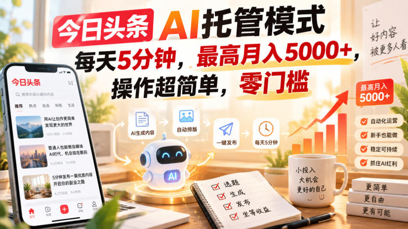 今日头条AI托管模式，每天5分钟，最高月入5000+，操作超简单，零门槛【揭秘】-777网创网
