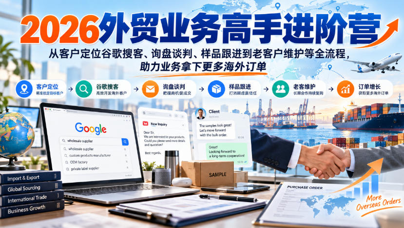 2026外贸业务高手进阶营，从客户定位谷歌搜客、询盘谈判、样品跟进到老客户维护等全流程，助力业务拿下更多海外订单-777网创网