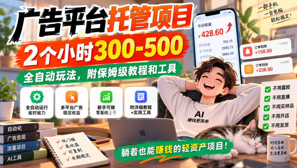 广告平台托管项目，2个小时300-500，全自动玩法，附保姆级教程和工具，小白照着就能做【揭秘】-777网创网