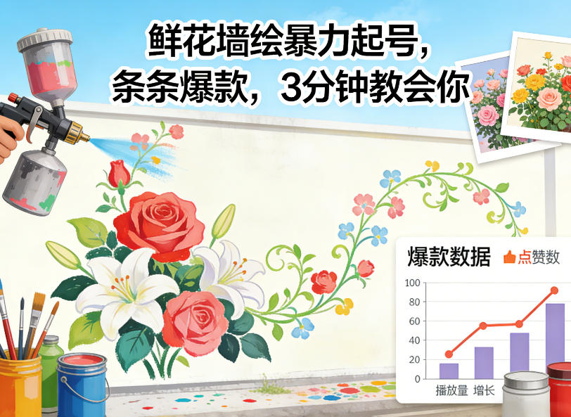 鲜花墙绘暴力起号,条条爆款,3分钟教会你