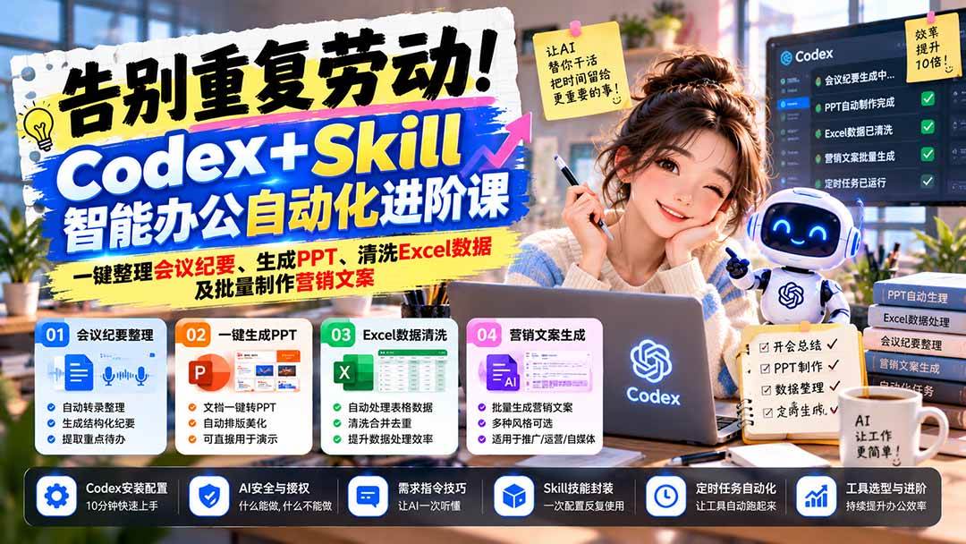 (21001期)告别重复劳动!Codex+Skill智能办公自动化进阶课:一键整理会议纪要、生成PPT、清洗Excel数据及批量制作营销文案-777网创网