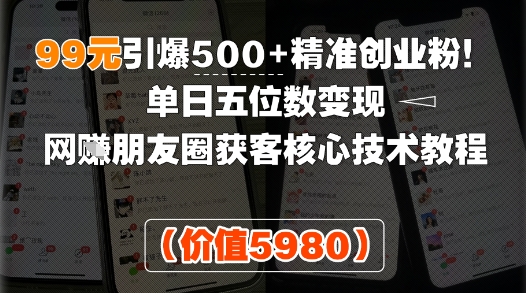 99元引爆500+精准创业粉!单日五位数变现,网创朋友圈获客核心技术教程