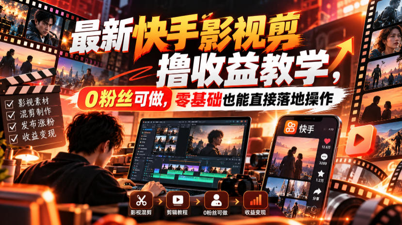 最新快手影视混剪撸收益教学,0粉丝可做,零基础也能直接落地操作-777网创网