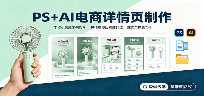PS+AI电商详情页制作:手持小风扇案例教学,配套工程源文件-777网创网