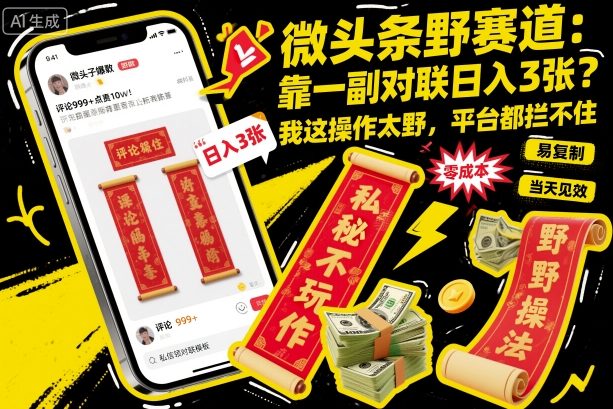 微头条野赛道,靠一副对联日入3张?我这操作太野,平台都拦不住!