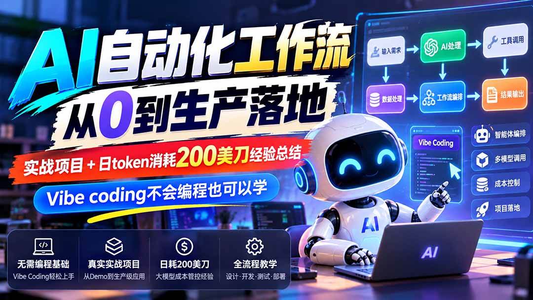 (20954期)【无水印】AI自动化工作流从0到生产落地,实战项目+日token消耗200美刀经验总结,Vibe coding不会编程也可以学-777网创网