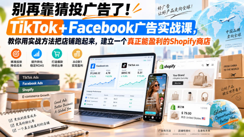 别再靠猜投广告了!TikTok+Facebook广告实战课,教你用实战方法把店铺跑起来,建立一个真正能盈利的Shopify商店【原创双语字幕】-777网创网