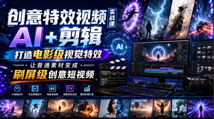 创意特效视频实战课，AI+剪辑打造电影级视觉特效，让普通素材变成刷屏级创意短视频-777网创网