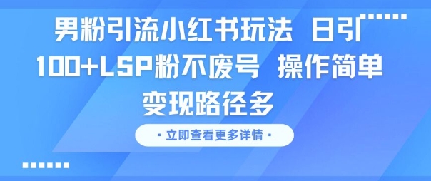男粉引流小红书玩法，日引100+LSP粉不废号，操作简单，变现路径多-777网创网