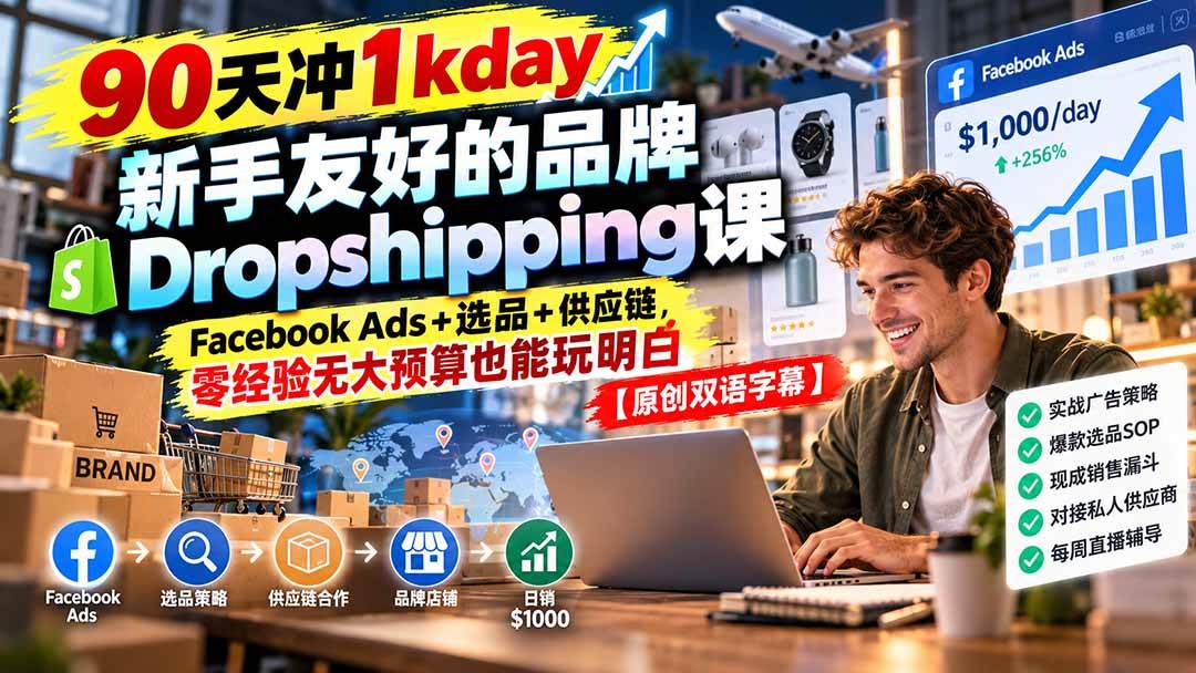 (20738期)90天冲1kday 新手友好的品牌Dropshipping课:Facebook Ads+选品+供应链,零经验无大预算也能玩明白【原创双语字幕】-777网创网